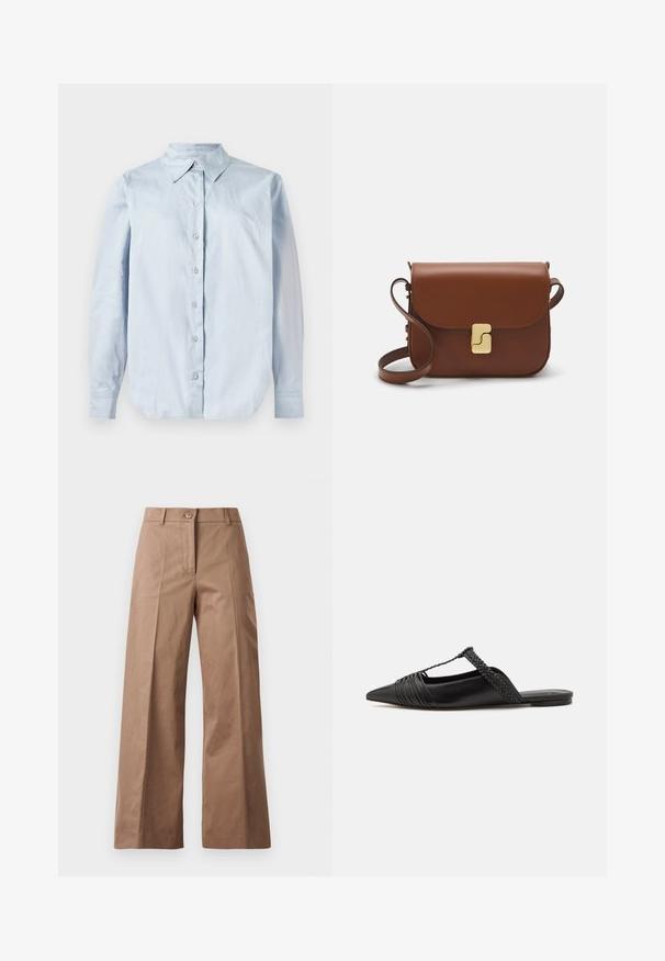 Šviesiai mėlyna ilgomis rankovėmis marškiniai su mygtukais, pagaminti iš lygaus audinio. Turi klasikinę apykaklę, priekyje esančius mygtukus ir suapvalintą palanką.; Rudos plačios kojų kelnės, pagamintos iš lygios medžiagos, su priekiniais mygtukais, dviem priekinėmis kišenėmis ir švariomis, pritaikytomis linijomis.; Juodos odinės slingback bateliai su smailiu pirštu, turintys audinį akcentą ir raukšlėtą viršutinį dizainą. Lygus padas su minimaliais aksesuarais.; Ruda odinė rankinė su uždaromu dangteliu, aukso spalvos detalėmis, petneša ir lygiu paviršiumi. Kompaktiška stačiakampio formos.