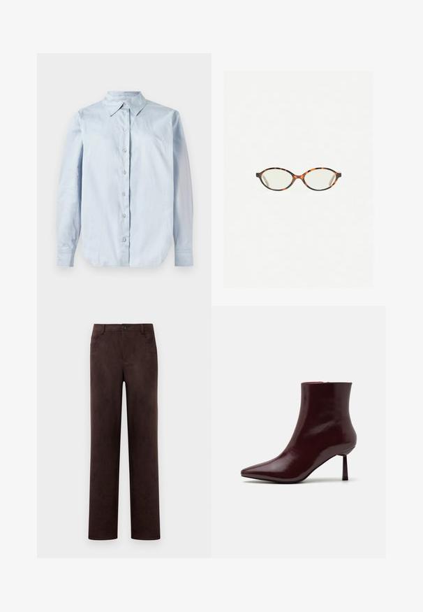 Camicetta azzurra a maniche lunghe con bottone, realizzata in tessuto morbido. Presenta un colletto classico, bottini frontali e orlo arrotondato.; Pantaloni in suede marrone scuro a gamba dritta con chiusura anteriore a bottone e zip, passanti per cintura e tasche laterali.; Stivale alla caviglia in pelle laccata bordeaux con punta affusolata e tacco stiletto sottile, caratterizzato da una texture liscia e lucida e da un design minimalista.; Occhiali in tartaruga con lenti ovali e una finitura liscia e elegante. Presentano aste sottili con una leggera curva alle tempie. Lenti trasparenti.; Borsa intrecciata color bordeaux con forma arrotondata e manico singolo, dotata di una superficie testurizzata e chiusura a coulisse elastica.