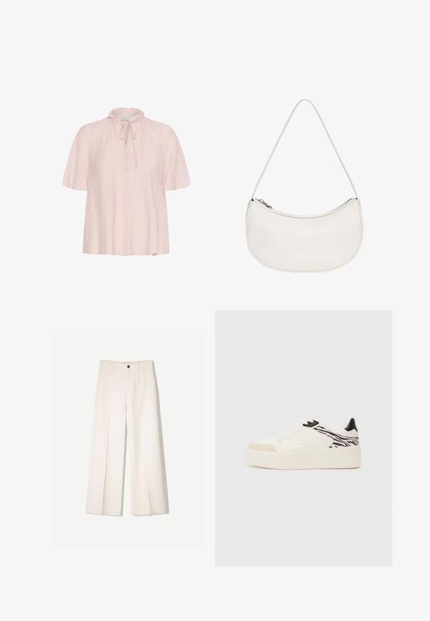 Helle rosa Bluse mit Rüschkragen, Bindeband und Knopfleiste. Aus strukturiertem Stoff mit kurzen, breiten Ärmeln.; Cremfarbene weitem Hosen mit maßgeschneidertem Design, ausgestattet mit zwei vorderen Taschen und einem vorderen Knopfverschluss, aus glattem Stoff gefertigt.; Even&Odd Sneaker low - white/black; PULL&BEAR HALF MOON - Handtasche - white