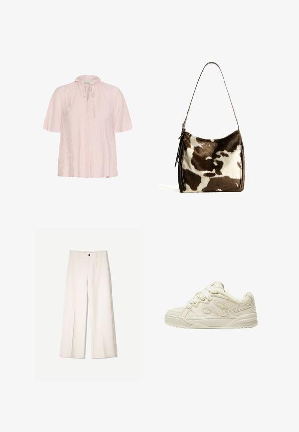Lys pink bluse med en flæsekrave, bindebånd og knaplukning foran. Fremstillet af tekstureret stof med korte, brede ærmer.; Cremefarvede bukser med bred benvidde og skræddersyet design, der har to forlommer og en enkelt frontknaplukning, lavet af et glat stof.; Beige sneakers med en tekstureret overdel, fremtrædende snørebånd, mesh-paneler og en tyk sål. Kurvet design med en polstret krave for komfort.; Brun og creme farvet koe læder skuldertaske med en glat læderrem, lynlås lukning og en blød, tekstureret overflade med et naturligt mønster.