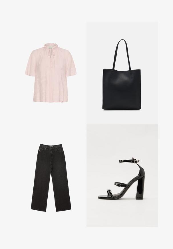 Jasnoróżowa bluzka z falbaniastym kołnierzykiem, detalem w postaci wiązania oraz guzikiem z przodu. Wykonana z teksturowanej tkaniny, z krótkimi, szerokimi rękawami.; Czarne dżinsy o szerokich nogawkach, wykonane z denimu, w małe kropeczki, klasyczny pięć kieszeniowy fason oraz zapięcie na guzik i suwak.; Czarne lakierowane sandały na obcasie z kwadratowym noskiem, z paskami wokół kostki i srebrnymi klamrami. Posiadają masywny słupek dla stabilności.; Czarna skórzana torba tote o gładkiej fakturze, prostokątnym kształcie i dwóch długich uchwytach. Brak widocznych elementów metalowych i ozdób.
