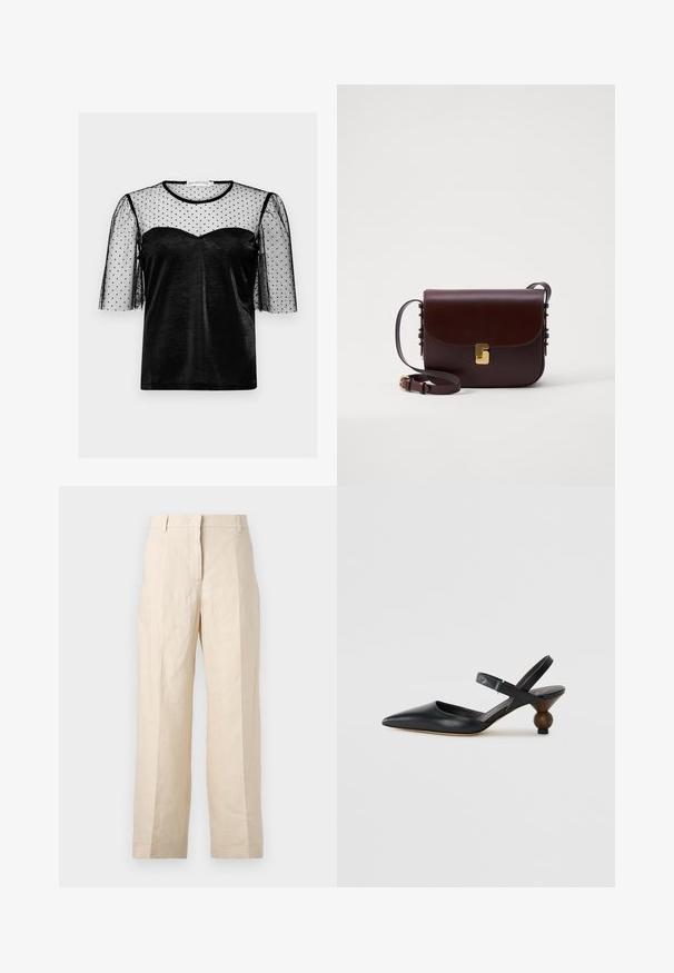 Schwarzes Top mit einem halb-transparenten schwarzen Polka-Dot-Mesh-Overlay, kurzen Puffärmeln und einem Herzausschnitt aus glattem Stoff.; Beige Leinenhosen mit einer lockeren Passform, gefältelter Vorderseite und geraden Beinen. Besitzt einen Bund mit Gürtelschlaufen und keine sichtbaren Taschen.; Schwarzer Leder-Slingback-Schuh mit einer spitzen Zehe, geschwungenem Design und einem runden, holzähnlichen Absatz. Verfügt über einen schmalen Knöchelriemen.; Braune Lederhandtasche mit einem Klappenverschluss, goldenen Akzenten und einem verstellbaren Gurt. Sie hat eine glatte Textur und eine elegante rechteckige Form.