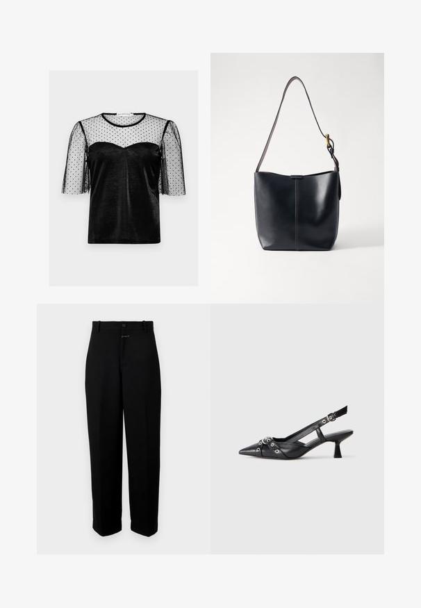Black top with a semi-sheer black polka dot mesh overlay, short puff sleeves, and a sweetheart neckline in a smooth fabric.; Black trousers made from a smooth fabric, featuring a button closure, belt loops, and a straight-leg design.; Black leather slingback shoe with a pointed toe, decorative straps featuring metal eyelets, and a low block heel. Textured surface.; Black leather shoulder bag with a smooth texture, featuring a thin, long strap and a subtle stitched detail down the center.