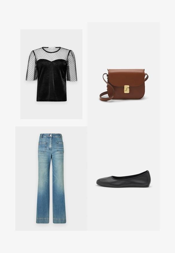 Top nero con sovrapposizione in rete a pois neri semi-trasparente, maniche corte a sbuffo e scollatura a cuore in un tessuto morbido.; Jeans a zampa d'elefante in denim azzurro chiaro con cinque tasche, passanti per cintura, chiusura con bottone e una trama leggermente sbiadita, caratterizzati da un dettaglio con logo rosso sul retro.; Pantofole da balletto nere in pelle con punta arrotondata, texture liscia, dettagli di cucitura minimi e design con suola flessibile.; Borsa a tracolla in pelle marrone con chiusura a pattina, hardware color oro, tracolla e una finitura liscia. Forma rettangolare compatta.