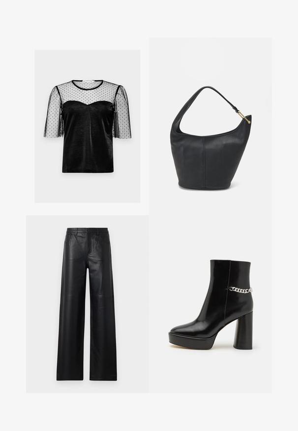 Črn top s polprosojno črno mrežasto plastjo s pikami, kratkimi naborki in srčasto izrezom iz gladkega blaga.; Široke črne usnjene hlače gladke teksture, s sprednjimi žepi, gumbom za zapiranje in subtilnimi detajli šivanja.; Črne lakirane gležnjarje z debelo platformo in visokim blok peto. Imajo srebrno verigo kot okras ob strani. Gladka tekstura.; Črna usnjena torbica ovalne oblike, s širokim pasom in teksturirano površino. Ima subtilno šivano podrobnost in zlate dodatke.