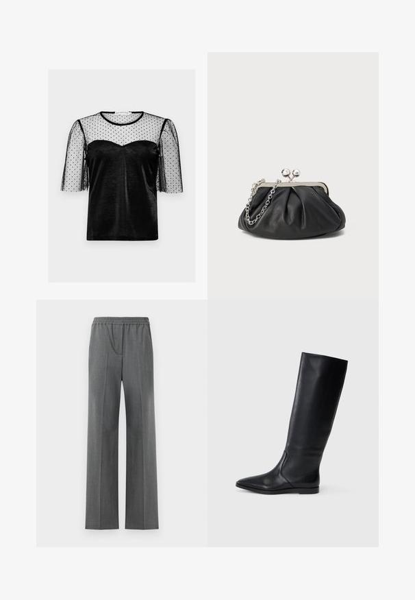 Svart topp med en halvmatt svart meshöverdrag med prickar, korta puffärmar och en hjärtformad halsringning i ett slätt tyg.; Grå vidbenade byxor med elastisk midja, tillverkade av ett texturerat tyg med ett subtilt vävda mönster.; Svarta läderknähöga stövlar med spetsig tå och minimalistisk design. Slät yta och platt sula, med diskreta sömmar på sidan.; Svart läderclutch med rynkad struktur, silverfärgad metallram, lås med kysslås och kedjesnodd. Slät, mjuk yta.