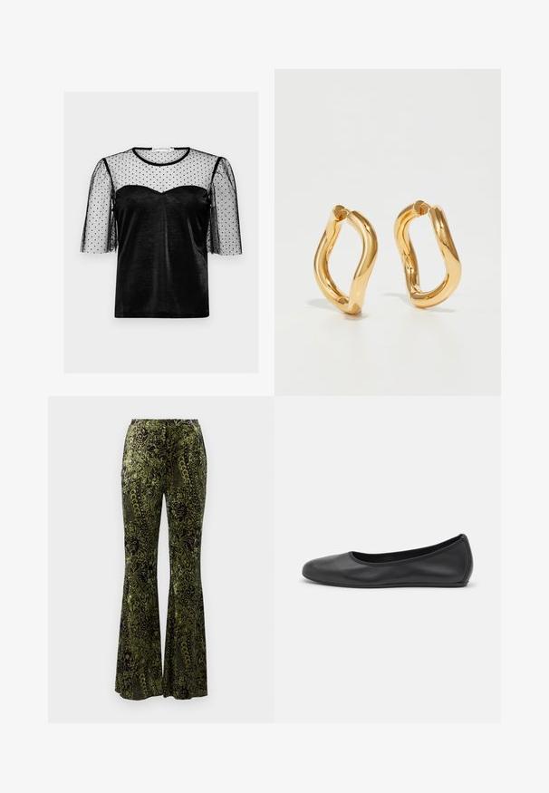 Black top with a semi-sheer black polka dot mesh overlay, short puff sleeves, and a sweetheart neckline in a smooth fabric.; Diane von Furstenberg RUTHETTE PANTS - Trousers - green; Black leather ballet flat with a rounded toe, smooth texture, minimal stitching detail, and a flexible sole design.; Gold-colored hoop earrings with a curved, irregular shape and a smooth, polished texture. No visible hardware or accents.