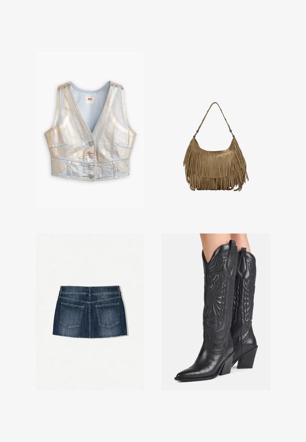 Vesta scurtă din denim de culoare albastru deschis, cu decolteu în V, luciu metalic, închidere cu cinci butoane și două buzunare frontale; textură uniformă.; Fustă mini din denim cu o nuanță albastră închisă, design cu cinci buzunare, margine desfăcută și croi slim cu talie plată.; Cizme de cowboy din piele neagră, cu modele complexe embosate, vârf ascuțit și toc masiv. Prezintă accente cusute și urechi de tragere.; Geantă de umăr din nubuc maro, cu detalii lungi din franjuri, de formă curbată și cu un singur mâner. Prezintă o suprafață netedă, texturată.