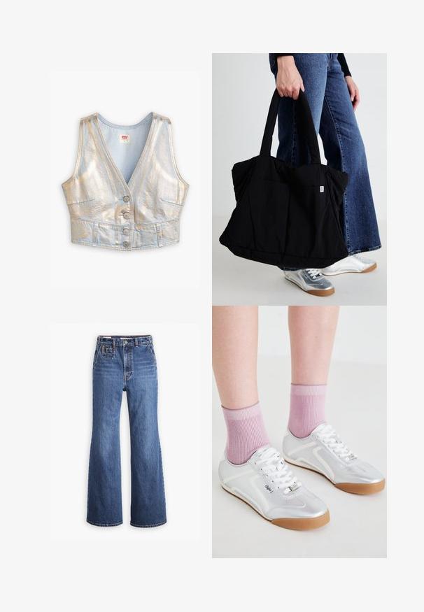 Világoskék farmer cropped mellény V-nyakkal, fémes fényű, öt gombbal záródik, és két elülső zsebbel rendelkezik; általánosan sima tapintású.; Magas derekú kék farmernadrág, széles lábakkal, elülső zsebbel, sárgaréz gombos zárással és eltérő színű varrással.; Ezüst sportcipő fehér kiegészítőkkel és gumitalppal, bordázott rózsaszín zoknikkal párosítva, alacsony profilú kivitelben.; Fekete szövet bevásárlótáska pufi dizájnnal, két erős fogantyúval és egy kis logóval az elején, amelyet egy farmernadrágot viselő személy tart.