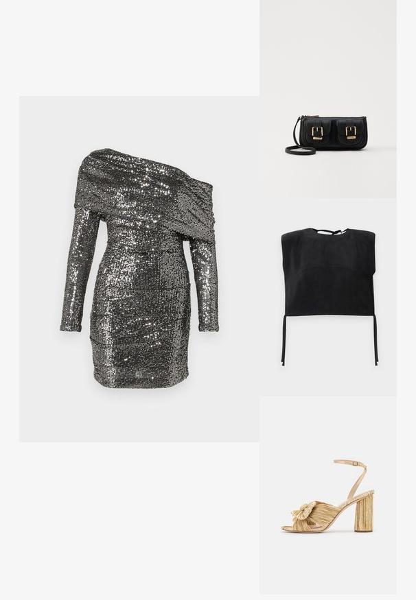 Black cropped top made of smooth suede, featuring a high neckline and tied accents at the bottom. Simple, minimalist design.; Sequined dress featuring an off-shoulder neckline, long sleeves, and a fitted silhouette. Made of metallic fabric in silver tones.; Gold heeled sandals with a knotted front, pleated texture, and an ankle strap. The block heel has a ribbed design, enhancing grip.; Black leather crossbody bag with two front pockets, gold buckles, zipper closure, and a slim strap. Textured surface and compact rectangular shape.