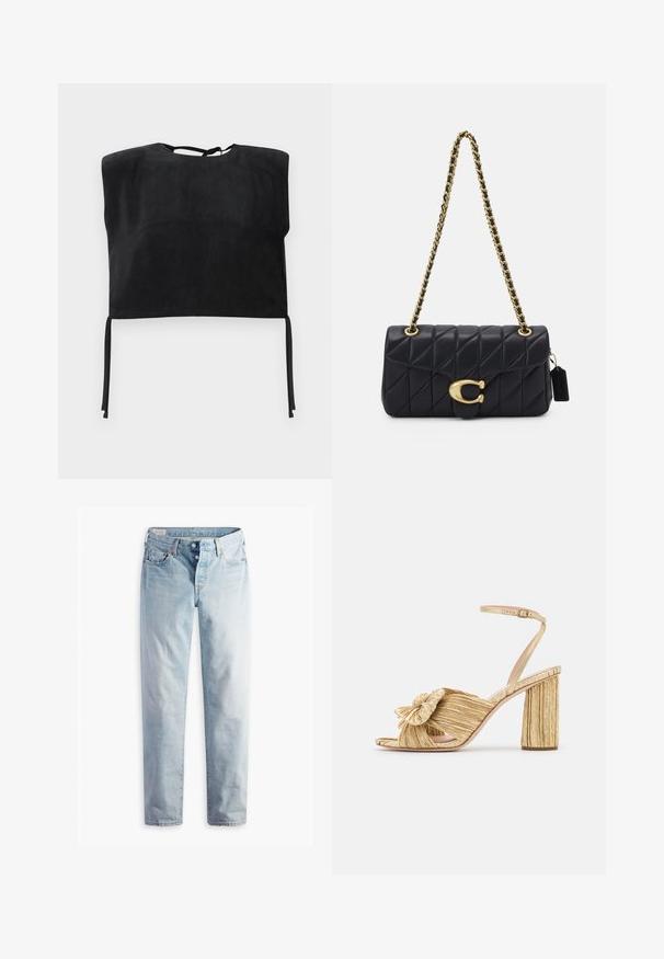 Top cropped nero in suede liscio, con collo alto e dettagli legati sul fondo. Design semplice e minimalista.; Jeans in denim blu chiaro con taglio dritto, due tasche frontali e due tasche posteriori. Include una chiusura a due bottoni e cuciture sottili.; Sandali con tacco dorato, con un davanti annodato, texture plissettata e cinturino alla caviglia. Il tacco a blocco ha un design rigato che migliora la presa.; Borsa a tracolla nera trapuntata con una catena d'oro, dotata di un distintivo fermo d'oro e di un'etichetta piccola, che mostra una superficie in pelle testurizzata.