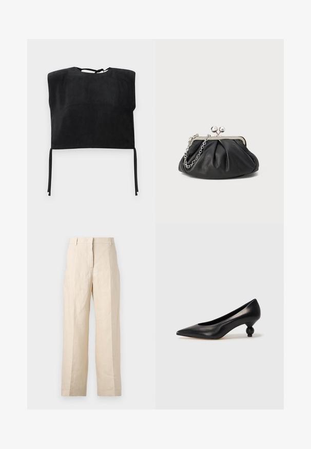 Schwarzes kurzes Oberteil aus glattem Wildleder, mit hohem Halsausschnitt und gebundenen Akzenten am unteren Ende. Einfaches, minimalistisches Design.; Beige Leinenhosen mit einer lockeren Passform, gefältelter Vorderseite und geraden Beinen. Besitzt einen Bund mit Gürtelschlaufen und keine sichtbaren Taschen.; Schwarze Leder-Pumps mit spitzem Zehenbereich und runder, ballförmiger Ferse. Glatte Textur mit einem eleganten, minimalistischen Design.; Schwarze Leder-Clutch mit geraffter Textur, silberfarbener Metallrahmen, Druckverschluss und Kettenriemen. Glatte, weiche Oberfläche.