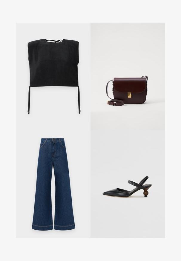Mustmust kõrgusega must top, mis on valmistatud siledast nahast, millel on kõrge kaelus ja allosas seotud aksessuaarid. Lihtne, minimalistlik disain.; Laia siniste denim pükste suur jalg, kõrge vöökoht, nupuga kinnitamine, vöökohad ja peened õmblusdetailid taskute ja äärte ääres.; Must musta slingback kingad terava varba, kõverdisainiga ja ümar puidust sarnane konts. Omab kitsast pahkluu rihma.; Pruun nahast kott klappi sulgemisega, kuldsete detailidega ja reguleeritava rihmaga. Omab siledat tekstuuri ja stiilset ristküliku kuju.