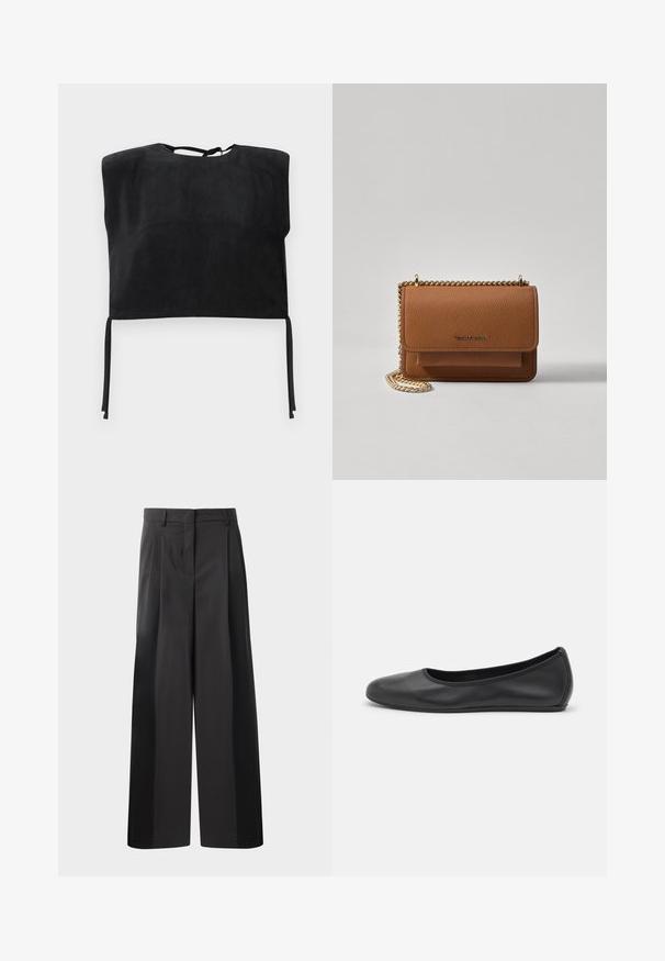 Fekete, rövid fazonú felső sima velúrból, magas nyakkivágással és az alján megkötő részletekkel. Egyszerű, minimalista dizájn.; Fekete, bő szárú nadrág magas derékkal, elöl plissékkel, sima felülettel és igényes kidolgozással. Kényelmes viseletre tervezve.; Fekete bőr balettcipő lekerekített orral, sima tekstúrával, minimális varrással és rugalmas talp kialakítással.; Barna textúrájú bőr keresztbody táska arany lánc pánttal és fedélzárral. Az elején logó részlet és egy zseb található a fedél alatt.