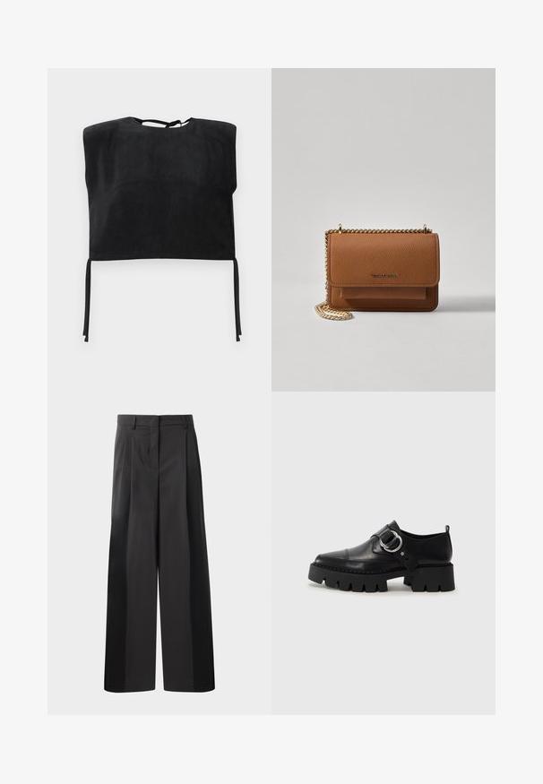 Schwarzes kurzes Oberteil aus glattem Wildleder, mit hohem Halsausschnitt und gebundenen Akzenten am unteren Ende. Einfaches, minimalistisches Design.; Schwarze, weit geschnittene Hose mit hoher Taille, versehen mit Frontfalten, einer glatten Textur und einem maßgeschneiderten Finish. Entworfen für eine lockere Passform.; Schwarze Leder Schuhe mit einer dicken, gerippten Sohle, die mit einer runden silbernen Hardware-Akzent und minimalen Stickdetails ausgestattet sind.; Braune strukturierte Ledertasche mit goldener Kettenriemen und Klappenverschluss. Die Vorderseite zeigt ein Logo-Detail und eine Tasche unter der Klappe.