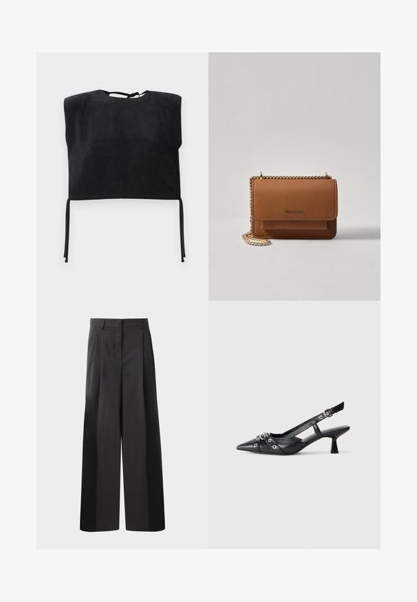 Black cropped top made of smooth suede, featuring a high neckline and tied accents at the bottom. Simple, minimalist design.; Black wide-leg trousers with a high waist, featuring front pleats, a smooth texture, and a tailored finish. Designed for a relaxed fit.; Black leather slingback shoe with a pointed toe, decorative straps featuring metal eyelets, and a low block heel. Textured surface.; Brown textured leather crossbody bag with gold chain strap and flap closure. Front features logo detail and a pocket under the flap.