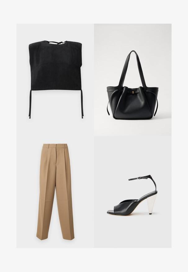Top corto negro de suave ante, con un cuello alto y lazos en la parte inferior. Diseño simple y minimalista.; Pantalones de sastre beige con cintura alta, frente plisado y corte de pierna ancha. La tela parece suave con un ligero brillo.; Sandalia de tacón alto de cuero negro con punta abierta, diseño asimétrico, tirante en el tobillo y tacón en forma de cono metálico. Textura suave en toda la superficie.; Bolsa tote de cuero negro con dos asas largas, parte superior fruncida y un acento circular dorado. Textura suave con un diseño minimalista.