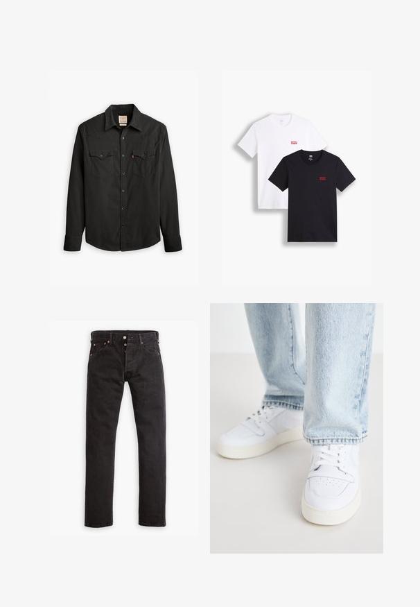 Levi's® BARSTOW WESTERN STANDARD - Marškiniai - jet black; Du mieli trumpi rankoviai marškiniai: vieni balti, kiti juodi. Abu pagaminti iš medvilnės, su raudona Levi's logotipu ant krūtinės. Paprastas apvalaus kaklo dizainas.; Juodi siauri džinsai su mygtukų užsegimu, penkiais kišenėmis ir vario priedais, iškloti ant balto fono.; Balti odiniai žemi modeliai kedai su perforuota nosimi, plokščiomis raištelėmis ir minimalistiniu dizainu. Suderinti su šviesiai mėlynomis džinsinėmis kelnėmis.