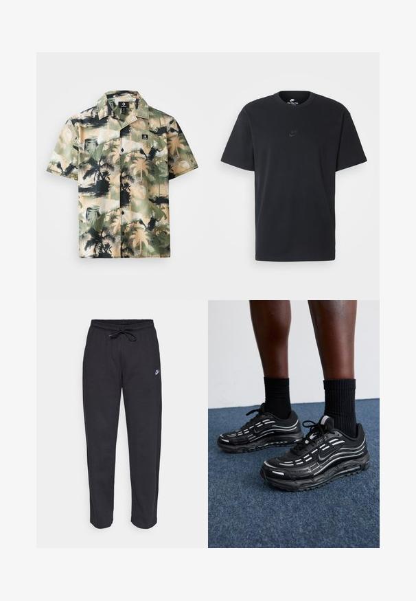 Beige ja rohelise tooniga lühikeste varrukatega särk, palmipuude mustriga, nupuga kinnituse ja musta logo sildiga rinnataskul.; Nike musta mustast puuvillast T-särk klassikalise ümmarguse kaelusega, lühikeste varrukatega ja õrna, reljeefse logoga rinnal. Sile tekstuur.; Mustad mustad, pehmest kangast, elastse vöökoha, nööriga ja väikese Nike logo'ga vasakul reiel.; Mustad mustad Nike'i jalanõud on varustatud võrkstruktuuriga pealispinna, aktsenttriipude, tekstuuritud paelte ja musta kummist tallaga. Kannan mustade ribakudumiste sokkidega.