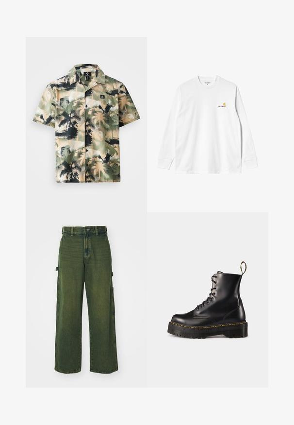 Kortermet skjorte i beige og grønn med palmeprint, med en knappelukking og svart logoetikett på brystlommen.; Langermet hvit bomulls T-skjorte med rund hals, med en liten gul og burgunder logo på venstre bryst. Sømløse mansjetter og nederkant.; Grønne denim cargo bukser med vide ben, som har side lommer, falmet tekstur, og klassisk knap- og lynlåslukning.; Svart lær snørebånd ankelskinnsko med en kraftig svart såle og gule sting. Har en pull-tab bak og runde metalløyer.