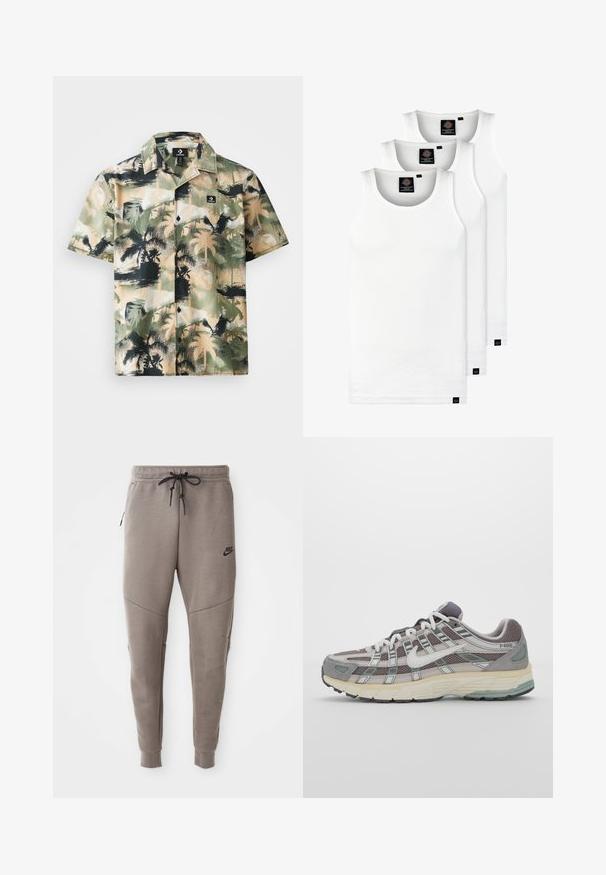 Kortærmet skjorte i beige og grøn med palmetræsmotiv, med knaplukning og sort logoetiket på brystlommen.; Tre hvide ribbede tanktops lavet af bomuld. Har en rund hals og små sorte mærker nær sømmen. Fås i flere størrelser.; Grå Nike joggingbukser med snoretræk i taljen, tapered ben, sidelommer og markante sømdetaljer. Blødt, struktureret stof.; Grå sportssko med overdel i mesh og ruskind, hvide accenter, en polstret sål og et særpræget design med reflekterende elementer.