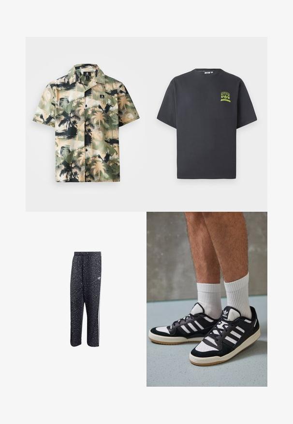 Korte mouw shirt in beige en groen met palmboomprint, voorzien van een button-down ontwerp en zwart logo label op de borstzak.; Koolgrijze Adidas T-shirt met korte mouwen en een kleine neon groene graphic van luidsprekers, zon en het Adidas-logo op de linkerkant van de borst.; Zwarte sportbroek met een luipaardpatroon, voorzien van een witte drie-strepenontwerp en een logo van een sportmerk aan de zijkant.; Zwart-witte sneakers met een bovenwerk van suede en leer, voorzien van drie witte strepen, een geperforeerde neus en een rubberen gumzool.