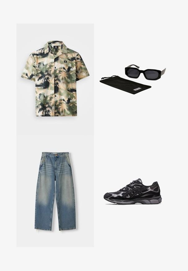 Kortærmet skjorte i beige og grøn med palmetræsmotiv, med knaplukning og sort logoetiket på brystlommen.; Lyseblå denim wide-leg jeans med en falmet finish, fem-lomme design og rå kant. Har en frontknap og lynlås lukning.; Sort atletisk sko med overdel i mesh og suede, udstyret med et struktureret design og en robust, polstret grå sål.; Sorte solbriller med trekantede, overdimensionerede stel og mørke linser, ledsaget af en sort mikrofiberpose med et logo på.