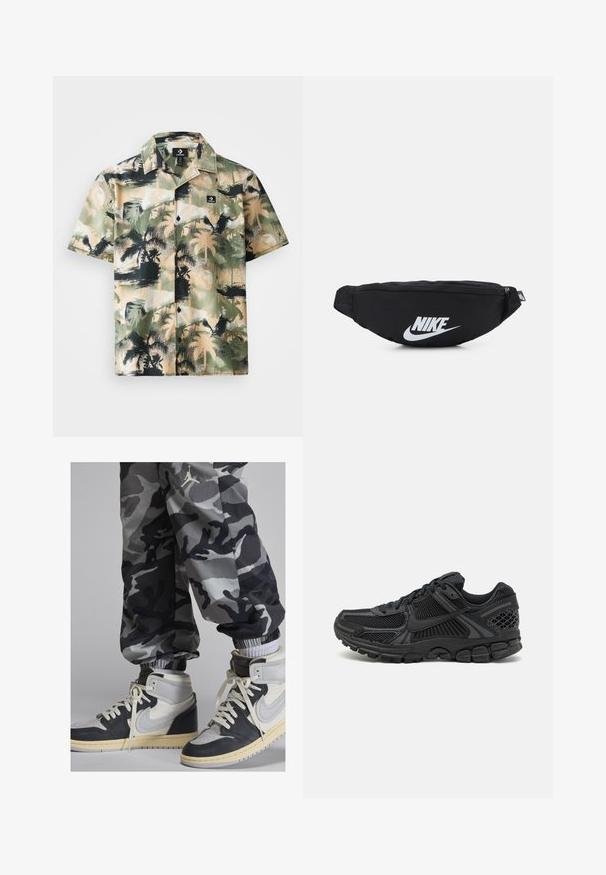 Kurzarmhemd in Beige und Grün mit Palmbaumdruck, ausgestattet mit einem Knopfverschluss und einem schwarzen Logoetikett auf der Brusttasche.; Schwarze und graue Camouflage-Jogginghosen mit elastischen Bündchen, kombiniert mit High-Top-Sneakern, die über schwarze, weiße und cremefarbene Lederpaneele und Schnürsenkel verfügen.; Schwarzer Sportschuh mit mesh-Obermaterial, Gummisohle und strukturierten Akzenten. Das Design umfasst ein ausgeprägtes Schnürsystem und eine gepolsterte Sohle.; Schwarze Nylon-Hüfttasche mit Reißverschluss, ausgestattet mit einem großen weißen Nike-Logo. Glatte Textur und ergonomisches Design für einen bequemen Tragekomfort.