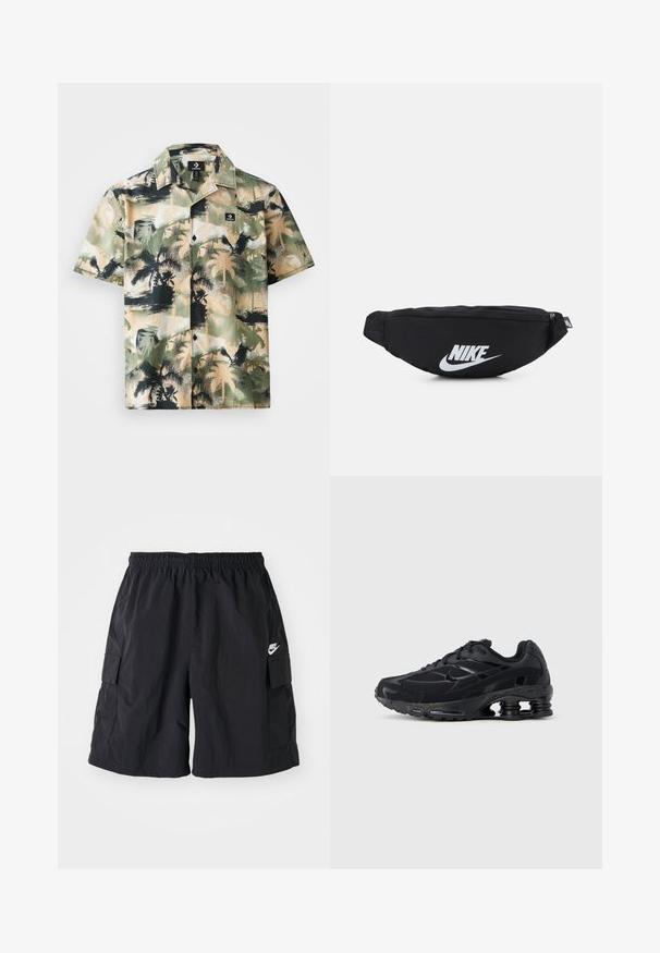 Kurzarmhemd in Beige und Grün mit Palmbaumdruck, ausgestattet mit einem Knopfverschluss und einem schwarzen Logoetikett auf der Brusttasche.; Schwarze Cargo-Shorts von Nike aus leichtem Material, mit elastischem Bund, Seitentaschen und dem weißen Nike-Logo auf dem linken Bein.; Schwarzer Sportschuh mit Obermaterial aus Mesh, gepolstertem Kragen und hervorgehobener Dämpfungstechnologie an der Ferse. Verfügt über strukturierte Akzente und Schnürsenkel.; Schwarze Nylon-Hüfttasche mit Reißverschluss, ausgestattet mit einem großen weißen Nike-Logo. Glatte Textur und ergonomisches Design für einen bequemen Tragekomfort.