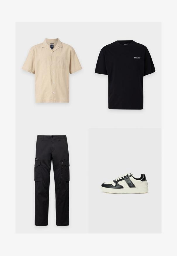 GAP Overhemd - oatmeal heather; Zwarte katoenen t-shirt met een ronde hals en korte mouwen. Bevat witte tekst "Club1990" op de linkerborst. Eenvoudig, ongecompliceerd ontwerp.; Zwarte cargobroek met meerdere zakken, een ritszak op de dij, rechte pasvorm en stevige katoen met een subtiele glans.; Leren sneakers met een zwart en crèmekleurig kleurenschema, voorzien van geperforeerde accenten, een gevoerde kraag en een gestructureerde buitenzool.