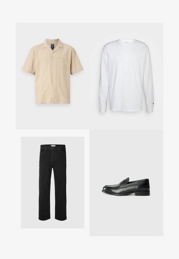 GAP Camisa - oatmeal heather; Camiseta blanca de manga larga hecha de algodón. Diseño de cuello redondo con puños acanalados y un pequeño logo en la manga izquierda. Textura suave.; Los jeans rectos de mezclilla negra presentan un diseño clásico de cinco bolsillos con cierre de botón, costuras mínimas y una textura suave.; Mocasines de cuero negro con un acabado suave, detalles de costura en la parte delantera y un tacón ligeramente elevado.