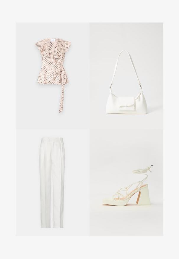 Polka dot blouse in light blush with frill sleeves, wrap design, and a tie detail at the waist. Soft fabric with a smooth texture.; White pinstriped trousers with a straight leg design, made from a lightweight fabric. Features pleats at the front and a traditional waistband.; White high-heeled sandal with a chunky heel, featuring a strappy design and ankle tie. Smooth texture with a platform front for added height.; White synthetic handbag with a triangular shape, flat front flap and bow detail, adjustable strap, smooth texture, and minimalistic design.