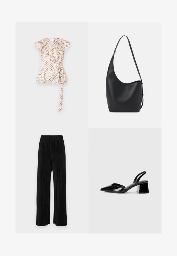 Bluzica s pikčastim uzorkom u svijetlo ružičastoj boji, s nabranim rukavima, ovitkom i detaljem vezanja u struku. Mekani materijal s glatkom teksturom.; Črne plisirane hlače z elastičnim pasom. Imajo široke noge in gladko, teksturirano tkanino z navpičnimi črtami.; Črne lakirane slingback pete s koničastim nosom in geometrijsko blokasto peto. Imajo eleganten, minimalističen dizajn in gladko teksturo.; Črna usnjena hobo torba z gladko teksturo, ukrivljeno obliko in eno nastavljivo naramnico; ima širok odprtina na vrhu.