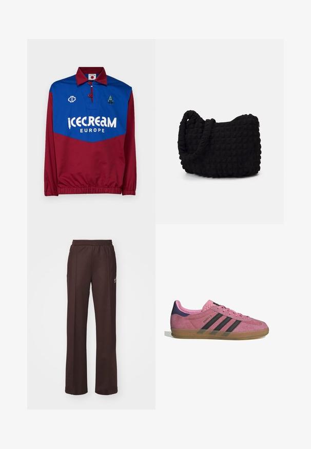 Rød og blå genser med krage, med en stor hvit "icecream EUROPE" logo, broderte detaljer og elastiske mansjetter i midjen og på ermene.; Brune idrettsbukser med elastisk midjebånd, to sidelommer og en liten logo på venstre side, laget av et mykt stoff.; Rosa semskesko med svarte striper, gummisåle og teksturert lilla hæl. Har en snøringdesign og preget merkevare på siden.; Svarte tekstilveske med en strukturert, quiltet mønster. Rund form, korte, tykke håndtak og en myk, fleksibel struktur.