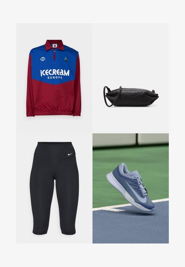 Piros és kék pulóver, gallérral, nagy fehér "icecream EUROPE" logóval, hímzett részletekkel, és elasztikus mandzsettákkal a deréknál és az ujjaknál.; A Nike fekete capri leggings egy magas derekú fazonnal, sima rugalmas anyaggal és diszkrét logó részlettel rendelkezik az elülső részen.; Könnyű kék és sötétkék sportrüszke, textúrált felsőrésszel, lapos fűzőkkel és könnyű fehér talppal. Emelt pozícióban egy pálya fölött.; Fekete bőrtáska, téglalap alakú, sima textúrájú, vékony vállpánttal és minimalista dizájnnal.
