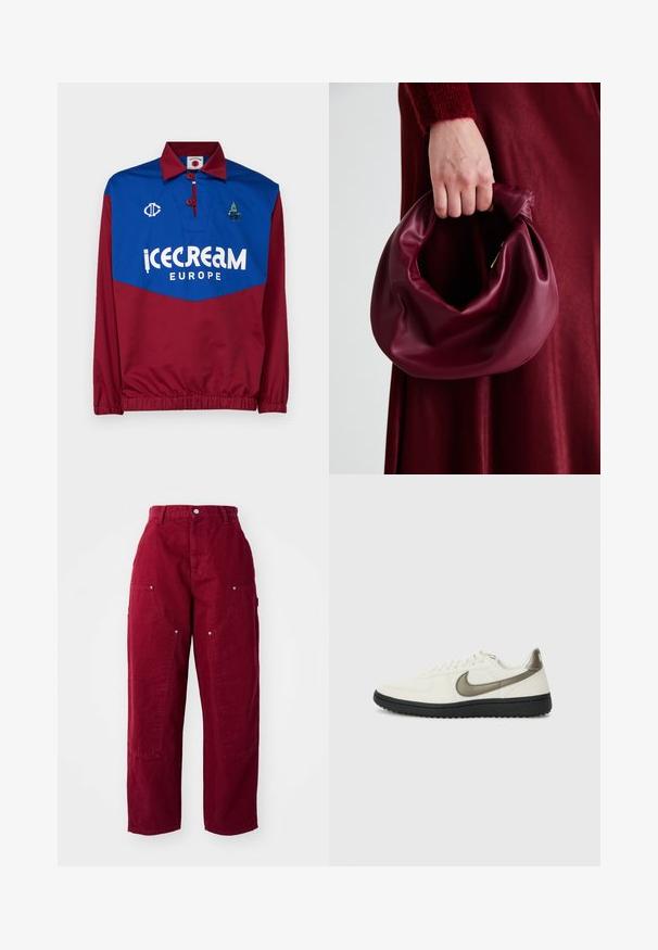 Pulover roșu și albastru cu guler, având un mare logo alb "icecream EUROPE" brodat, accente brodate și manșete elastice la talie și la mâneci.; Pantaloni largi de culoare burgundă din bumbac, cu două buzunare laterale mari, închidere cu nasture și o croială lejeră, având detalii de coasere vizibile.; Nike Sportswear FIELD GENERAL - Sneakers low - off-white/black; Geantă de mână din piele burgundă, cu un design moale și pliat și o formă rotundă. Mânerele sunt securizate, evidențiind o textură netedă.