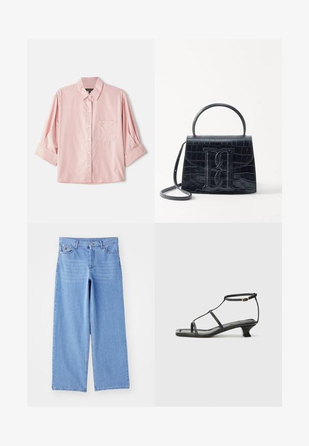 Short-sleeve button-up shirt in light pink with narrow white and red stripes, featuring a left chest pocket and a spread collar.; Light blue wide-leg jeans made of denim, featuring a classic five-pocket design and a button-fly closure. Smooth texture, frayed hem.; Black leather sandal with a square toe, thin straps, adjustable ankle strap, and a low heel. Features a small gold accent on the strap.; Black crocodile-embossed leather handbag with a structured design, top handle, adjustable strap, and a prominent front logo detail.
