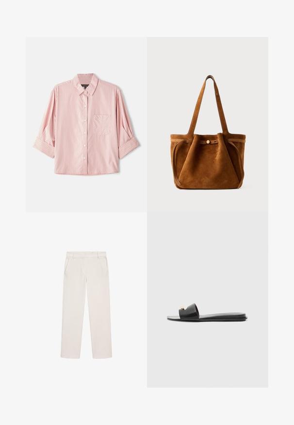 Short-sleeve button-up shirt in light pink with narrow white and red stripes, featuring a left chest pocket and a spread collar.; Off-white straight-leg trousers with belt loops, side pockets, and a front concealed fastening.; Black slide sandals with a wide upper, smooth leather texture, open toe design, and gold accent detail on the strap. Flat sole.; Brown suede tote bag with dual handles, a button closure strap, and a relaxed, slightly slouchy shape.