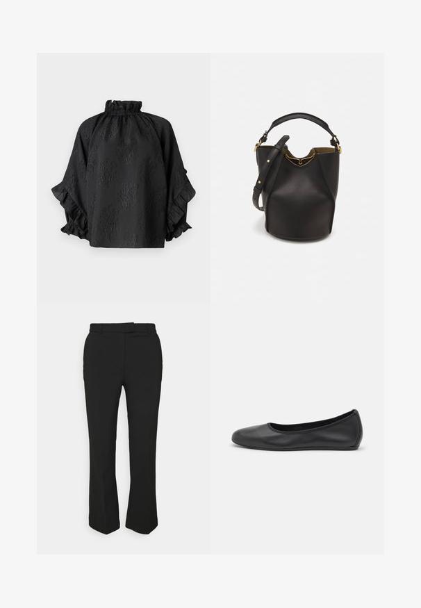 Hofmann Copenhagen Pluus - black; Mustad mustad püksid sirge säärega, millel on vööloop ja küljetaskud. Valmistatud siledast kangast, millel on puhas viimistlus.; Musthave mustika tantsutossud mustast nahast, ümmarguse varbaga, siledast tekstuurist, minimaalse õmblusdetailiga ja paindliku tallakujundusega.; Mustast nahkämbriga kott tekstuurses viimistluses, kuldsete metalldetailide aktsentidega ja avatud ülaosaga. Omab lühikest käepidet ja reguleeritavat õlavarre rihma.