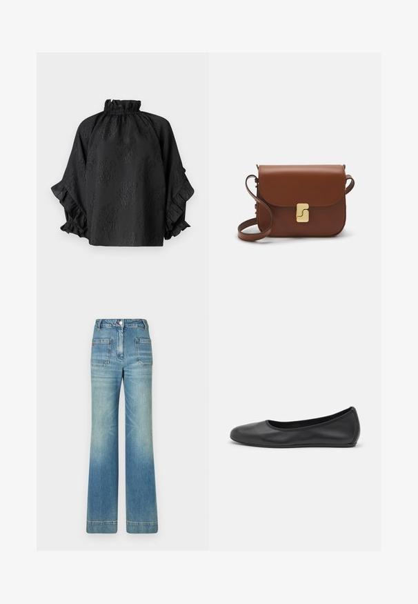 Hofmann Copenhagen Blūze - black; Gaiši zili džinsi ar platām kājām, piecām kabatām, jostām, pogas aizdari un viegli nolietotu tekstūru, ar sarkanu logotipu uz aizmugures.; Melna ādas baleta kurpe ar noapaļotu purngalu, gludu tekstūru, minimālu šuvju detalizāciju un elastīgu zoles dizainu.; Bordo ādas rokas soma ar atloku, zeltītām detaļām, plecu siksnu un gludu virsmu. Kompakta, taisnstūrveida forma.