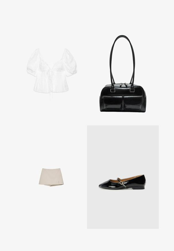 Weißes Oberteil mit Puffärmeln, tiefem V-Ausschnitt, strukturiertem Stoff, Kordelzug vorne und vertikalem Streifenmuster.; Beige Damen-Skort mit einem leichten Schlitz vorne und angenähten Shorts darunter, auf einem weißen Hintergrund präsentiert.; Schwarze Lackleder-Ballerinas mit spitzem Zehenbereich, einem Knöchelriemen mit goldfarbener Schnalle und niedrigem Blockabsatz. Glatte, glanzvolle Oberfläche.; Schwarze Lederhandtasche mit zwei vorderen Taschen, doppelten Griffen und einem Reißverschluss oben. Glatte Textur und runde Form.