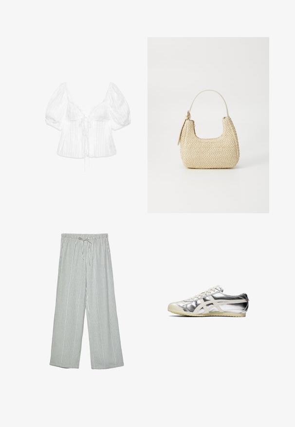 Top bianco con maniche a puff, scollatura a V profonda, tessuto testurizzato, davanti con coulisse e motivo a righe verticali.; Pantaloni leggeri a gamba larga in un motivo a righe verticali verdi e bianche. Presentano una vita elastica con chiusura a coulisse.; Sneaker metallica argento con accenti e lacci bianchi. Presenta una superficie testurizzata, punta rotonda e una suola in gomma con un motivo per una migliore aderenza.; Borsa a tracolla intrecciata in paglia di colore beige, con una forma curva, manico corto e zip laterale. Presenta una superficie texturizzata e un design minimalista.; Pendente a forma di fiore in oro con petali texturizzati, attaccato a una collana con cordino bianco attorcigliato, dotato di chiusura e catena di estensione.