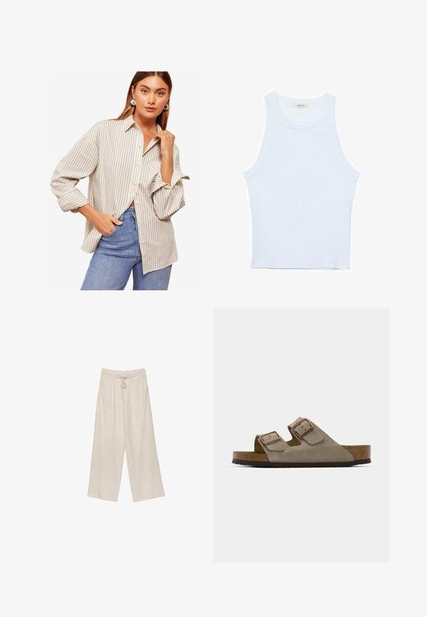Gestreifte Freizeitbluse in Beige und Weiß, mit langen Ärmeln und umgeschlagenen Manschetten, einem Kragen und lockerer Passform. Getragen mit blauen Jeans.; Weißes Tanktop, gerippte Textur, runder Ausschnitt, ärmelloses Design, enganliegende Form, dezente Markenkennzeichnung im Etikett im Kragenbereich.; Beige Leinen-Hosen mit weitem Bein, mit einem Kordelzugbund, zwei Seitentaschen und einem leicht strukturierten Stoff für Atmungsaktivität und Komfort.; Wildledersandale in Hellgrau mit zwei verstellbaren Schnallen, einer Kork-Zwischensohle und einer strukturierten Gummiaußensohle.