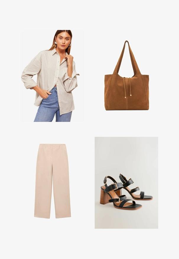 Camicia a righe button-up beige e bianca, con maniche lunghe e polsini arrotolati, colletto e vestibilità rilassata. Indossata con jeans blu.; Pantaloni beige a gamba larga realizzati in tessuto liscio, con un frontale piatto dotato di passanti per cintura e senza motivi o decorazioni visibili.; Sandali neri con tacco alto, caratterizzati da tre fasce larghe e fibbie in tonalità oro. Una punta quadrata e un tacco a blocco in legno texturizzato completano il design.; Borsa a tracolla in suede marrone con due lunghe cinghie, chiusura con cordoncino e design minimalista. Texture liscia e senza elementi hardware visibili.