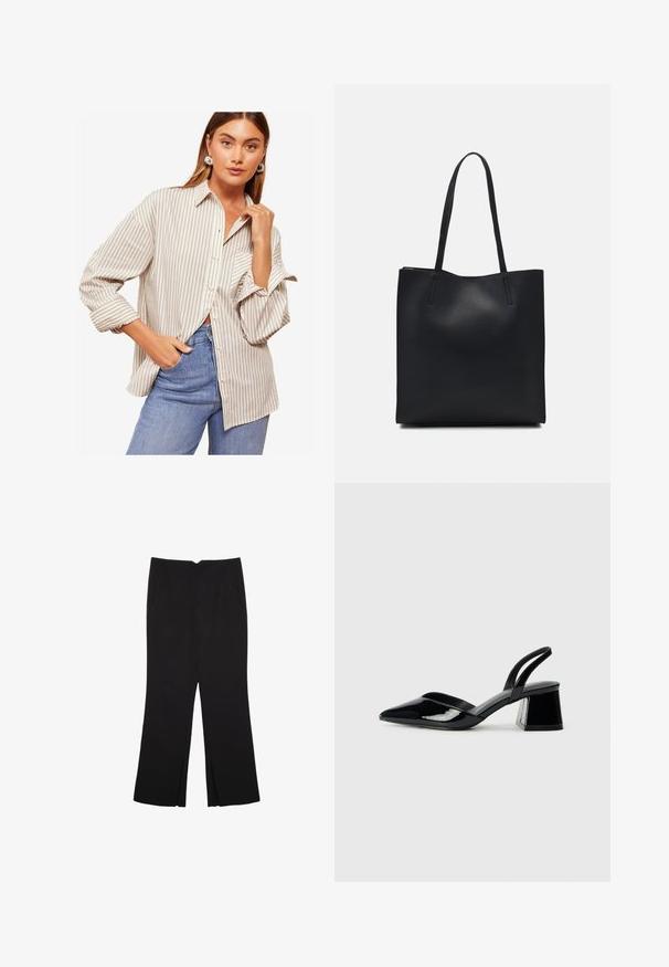 Koszula w paski w beżowo-białym kolorze, z długimi rękawami z podwiniętymi mankietami, kołnierzykiem i luźnym krojem. Noszona z niebieskimi dżinsami.; Czarne spodnie o prostym kroju, z przednimi kieszeniami i bocznymi rozcięciami na dole. Wykonane z miękkiego, gładkiego materiału. Odpowiednie na różne okazje.; Czarne lakierowane półbuty na obcasie z wydłużonym noskiem i geometrycznym słupkiem. Charakteryzują się eleganckim, minimalistycznym designem oraz gładką fakturą.; Czarna skórzana torba tote o gładkiej fakturze, prostokątnym kształcie i dwóch długich uchwytach. Brak widocznych elementów metalowych i ozdób.