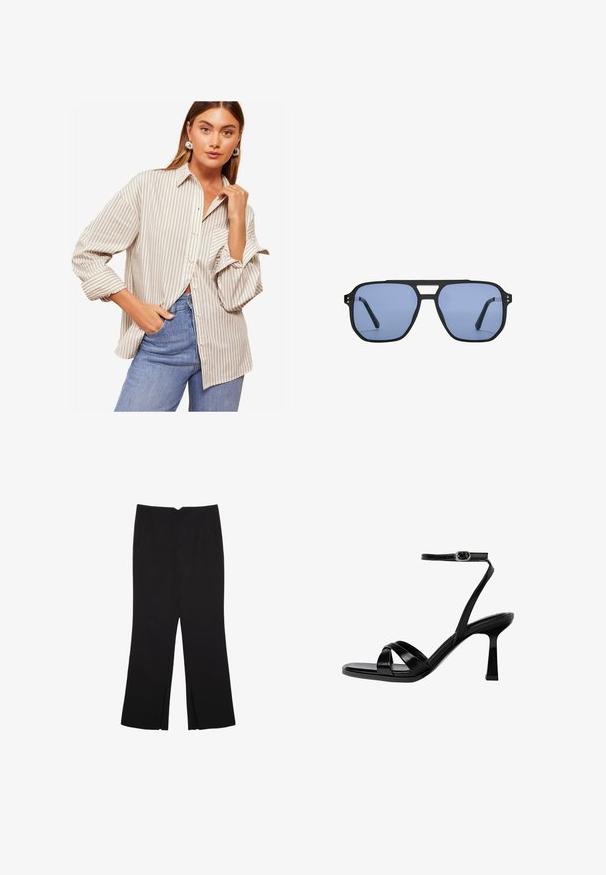 Raitapaitainen kauluspaita beige-valkoisena, jossa on pitkät hihat käännettyine hihoineen, kaulus ja rento leikkaus. Yhdistetty sinisiin farkkuihin.; Mustat housut suoralinjaisella leikkauksella, joissa on etutaskut ja sivurei'ät helman alla. Valmistettu pehmeästä ja sileästä kankaasta. Sopii eri tilaisuuksiin.; Musta remmellinen korkokenkä, jossa on neliönmuotoinen varvas. Varustettu ohuella nilkkaremillä, kiiltävällä nahkamateriaalilla ja tikapuu-korkokengällä.; Stradivarius RETRO - Aurinkolasit - light blue