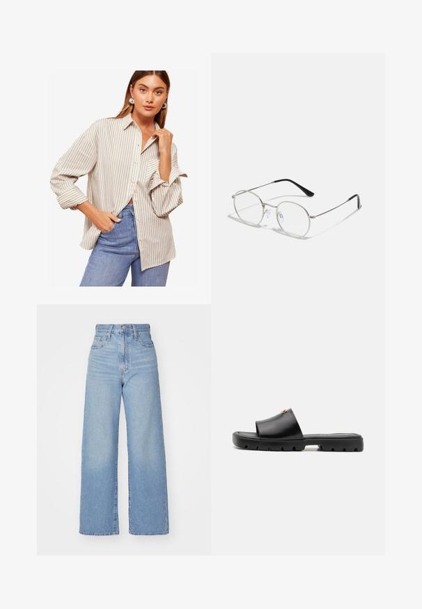 Gestreept overhemd in beige en wit, met lange mouwen en opgerolde manchettes, een kraag en een relaxte pasvorm. Gekleed met een blauwe spijkerbroek.; Lichtblauwe high-waist wijde jeans met een knoop- en ritssluiting aan de voorkant, voor- en achterzakken, op een witte achtergrond.; Zwarte muiltjes met een gladde, matte leren bovenkant en een dikke, gestructureerde rubberen zool. Opvallende gouden hardware-accent op de bovenkant. Eenvoudig, open ontwerp.; Ronde metalen bril met een slank zilveren montuur, heldere glazen en zwarte tempels met rubberen tips voor comfort. Minimalistisch ontwerp.