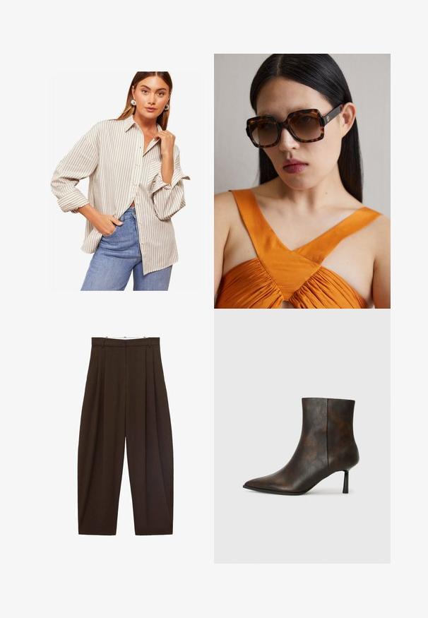 Stribet skjorte i beige og hvid, med lange ærmer med opremsede manchetter, krave og en afslappet pasform. Båret med blå jeans.; Brune højtaljede bukser med folder, lavet af glat stof. Løs pasform, straight leg design, med bæltestropper og lynlås.; Brun læder ankelstøvle med spids tå, slankt design og en tynd sort hæl. Struktureret overflade med et subtilt mønster.; Brune skildpaddemønstrede oversized solbriller med en bred rektangulær kant og gradientlinser. Guldfarvet logo detalje på siden.