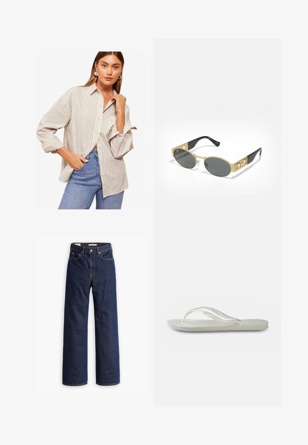 Raitapaitainen kauluspaita beige-valkoisena, jossa on pitkät hihat käännettyine hihoineen, kaulus ja rento leikkaus. Yhdistetty sinisiin farkkuihin.; Tummansiniset suorat farkut, joissa on viisi taskua, oranssit saumat ja napituskaitale.; Valkoinen flip-flop, jossa on kuvioitu pohja, ohut hihnasto ja tasainen muotoilu. Valmistettu kumista ja siinä on hillitty logo jalkapohjassa.; Soikeat aurinkolasit kultaisessa metallikehyksessä ja harmaissa linsseissä. Varret ovat mustaa asetaattia, joissa on kultaiset yksityiskohdat ja logotiedoilla sivuilla.; Kulta ruusu -ketju, jossa on joutsen-riipus, koristeltu kirkkailla kristalleilla. Ketjussa on herkkä linkkimuotoilu.