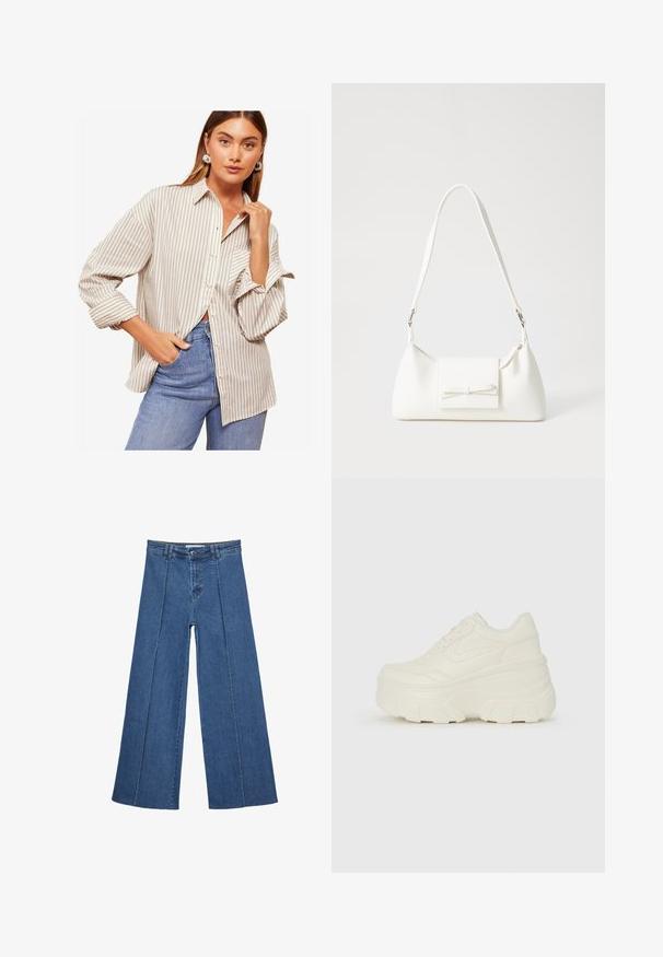 Stribet skjorte i beige og hvid, med lange ærmer med opremsede manchetter, krave og en afslappet pasform. Båret med blå jeans.; Bredde ben denim jeans i mellemblå, med høj talje, knaplukning og kontrasterende lodrette sømdetaljer foran.; Hvide platform sneakers med en glat læderlignende overdel, rund form, polstret krave og struktureret gummisål med definerede riller.; Hvid syntetisk håndtaske med en trekantet form, flad forsideklap og sløjfedetalje, justerbar strop, glat tekstur og minimalistisk design.